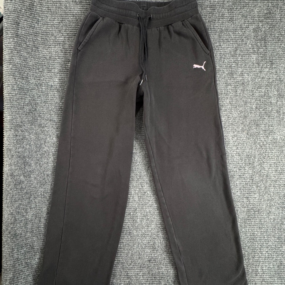 Puma Sweatpants Women's S Black Fleece Pink Logo Straight Leg